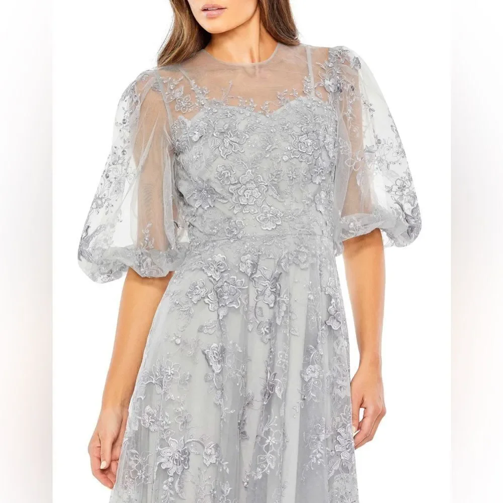 Mac Duggal Floral Embroidered‎ Gown Dress Womens 8 Silver Illusion Line Bridal